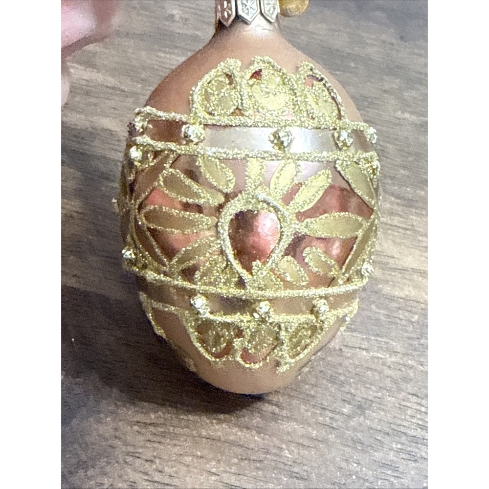 VTG Department 56 Rose Gold Christmas Glitter Egg glass Ornament 3" Poland NEW